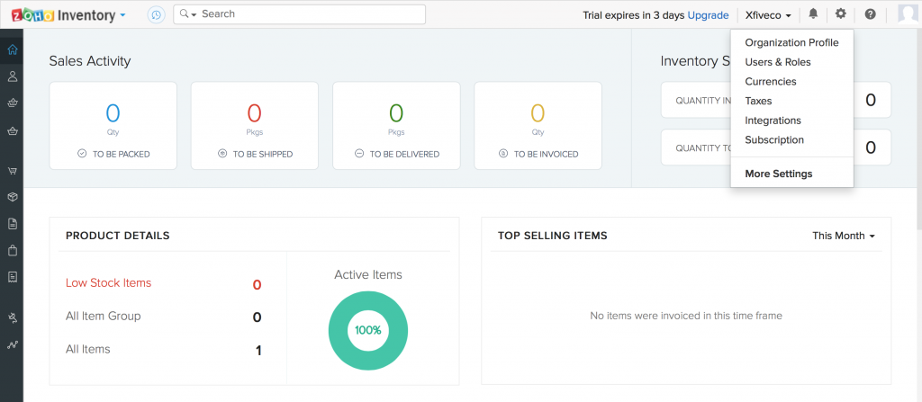 Dashboard of ZOHO Inventory