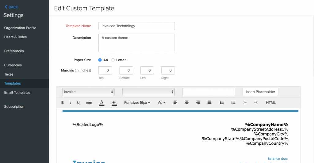 Dashboard of ZOHO Inventory - adding a new Invoice Template screen giving a proper name.