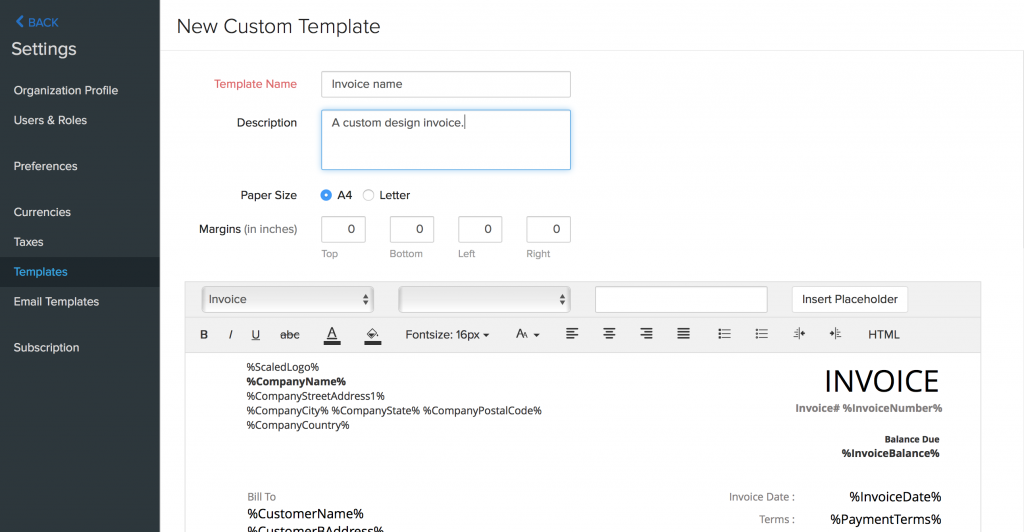 Dashboard of ZOHO Inventory - adding a new Invoice Template screen