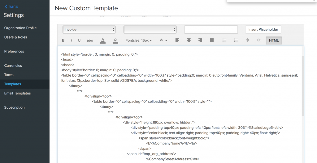 Dashboard of ZOHO Inventory - adding a new custom Invoice Template HTML code screen