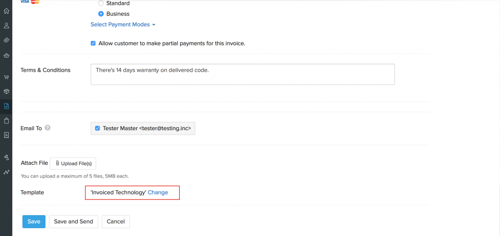 Dashboard of ZOHO Inventory - setting up the terms for new Invoice Template.