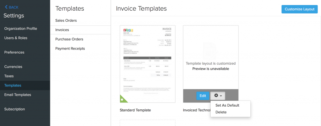 Dashboard of ZOHO Inventory - displaying a new Invoice Template screen with a proper name.