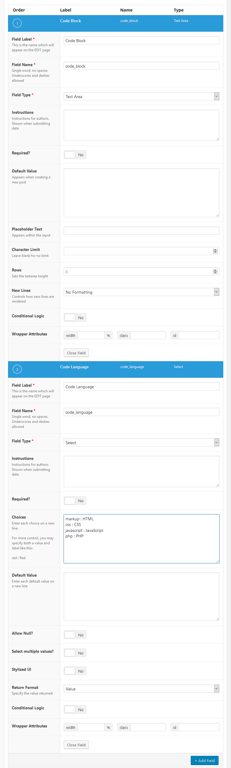 Code samples subfields in ACF