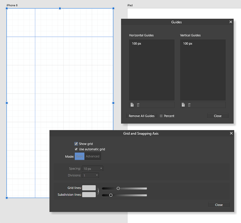 Grid and guides manager in Affinity Designer